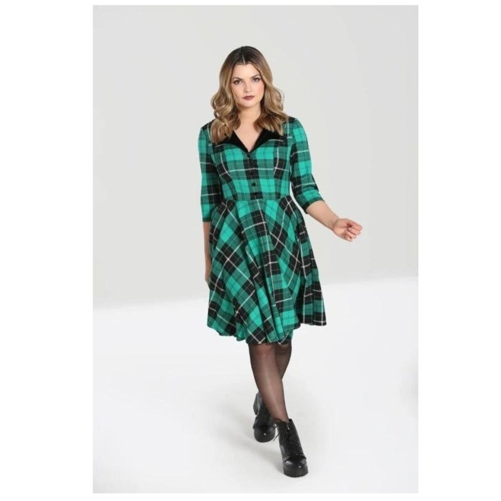 Hell Bunny Beryl Green Tartan Velvet Collar Swing Dress Size Small